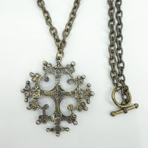 VTG Ethiopian Coptic Cross Necklace Bronze Tone Toggle Clasp 2" Pendant Ornate